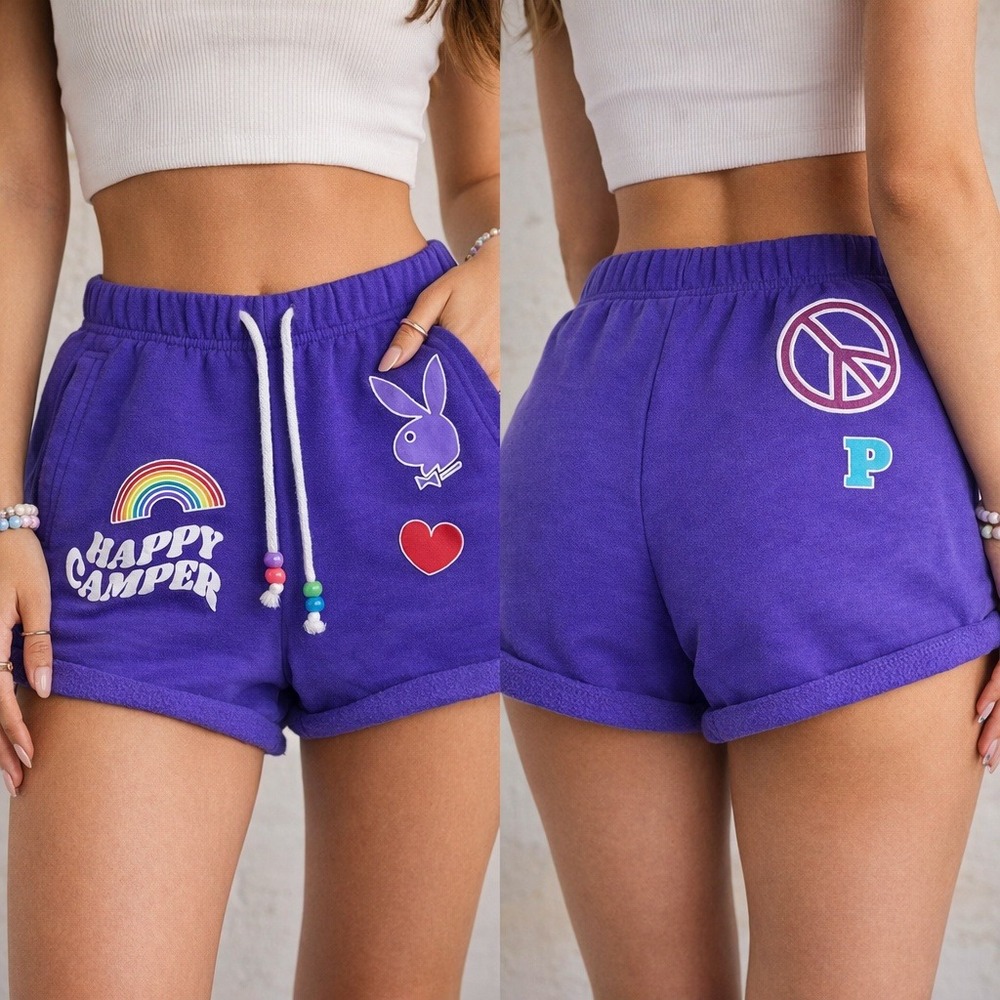 Playboy by Pacsun Purple Sweat‎ Shorts Rainbow Peace Sign Heart Bunny